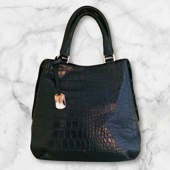 Furla Onyx Black Leather Embossed Croc Tote Bag - Picture 2 of 11